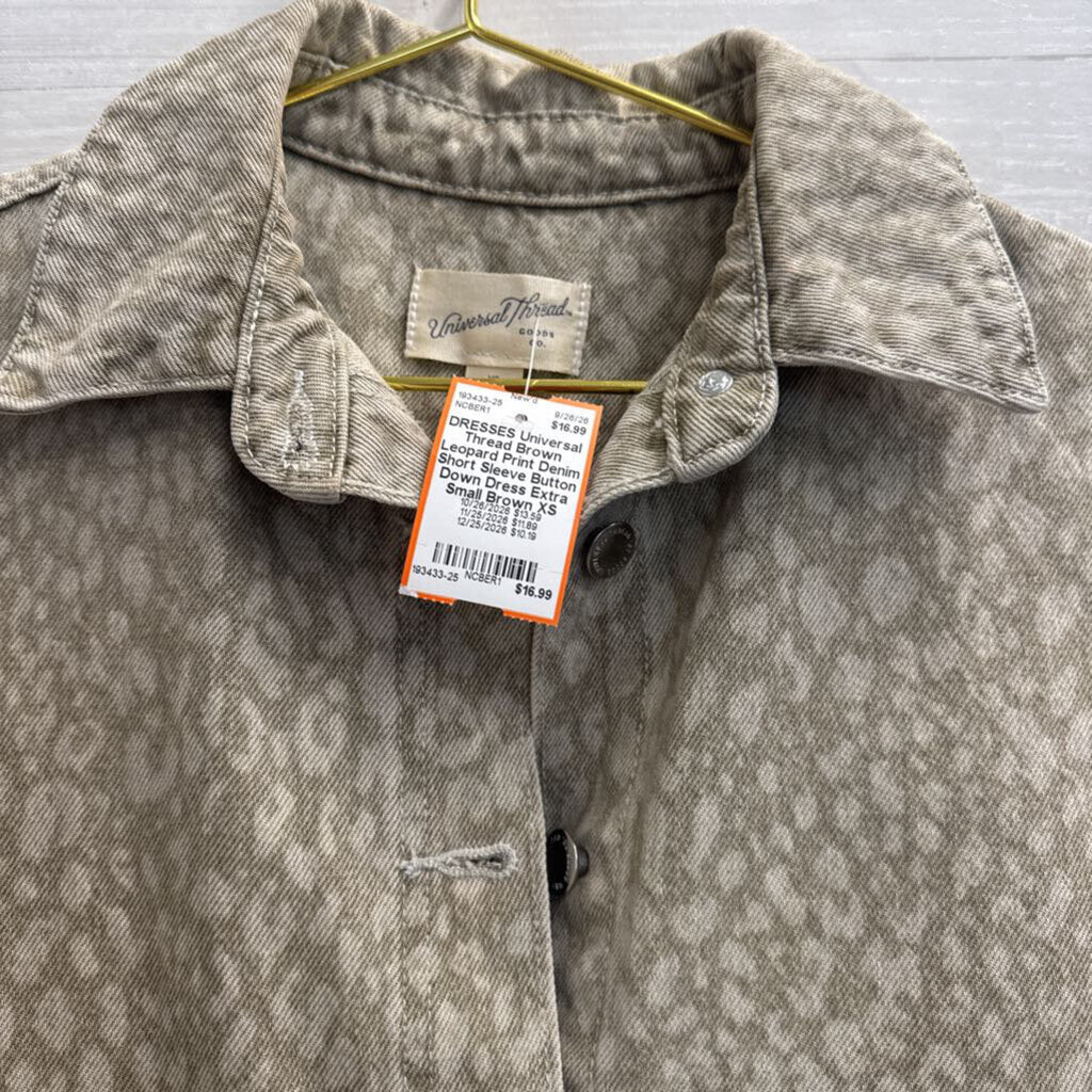 Brown Leopard Print Denim Short Sleeve Button Down Dress Extra Small