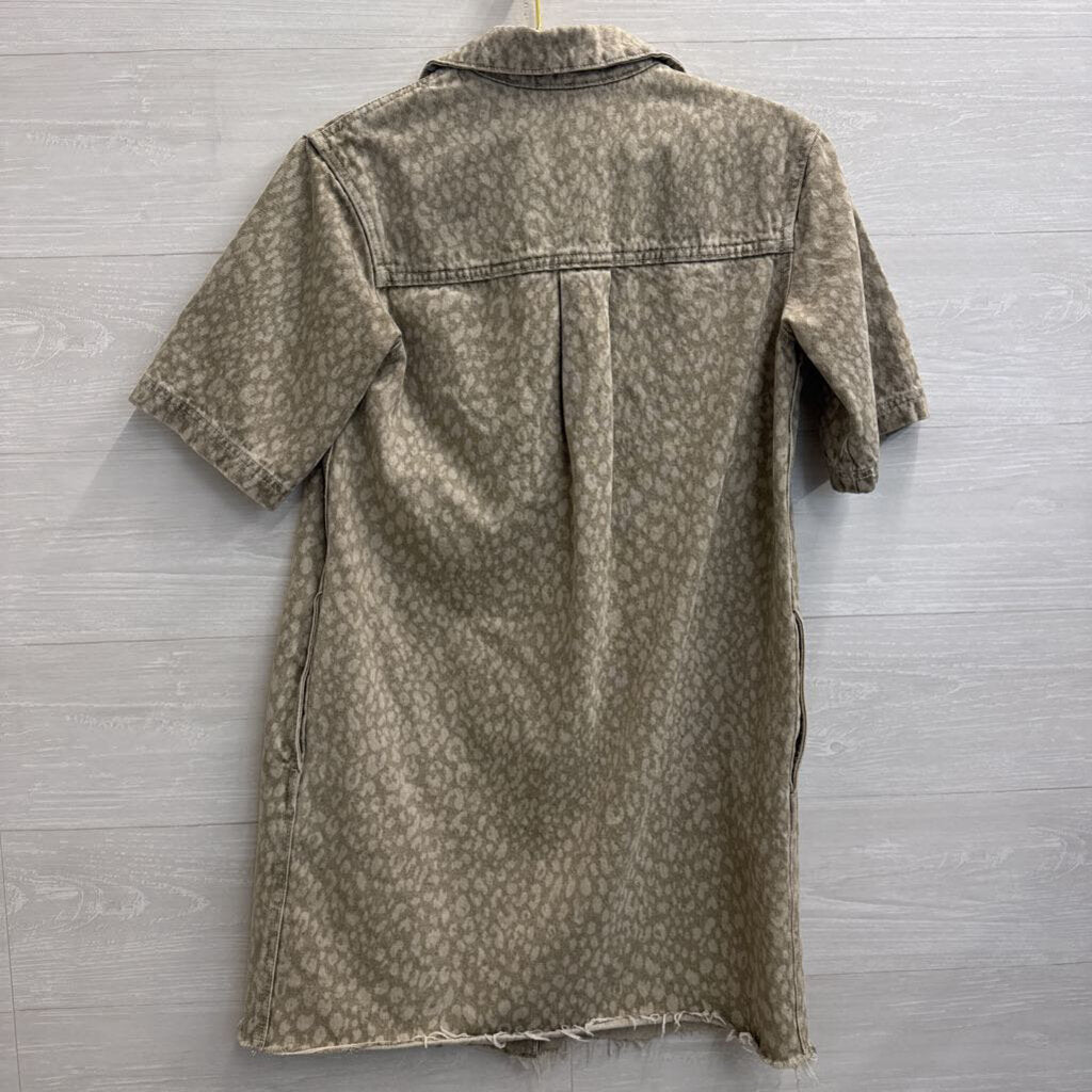 Brown Leopard Print Denim Short Sleeve Button Down Dress Extra Small