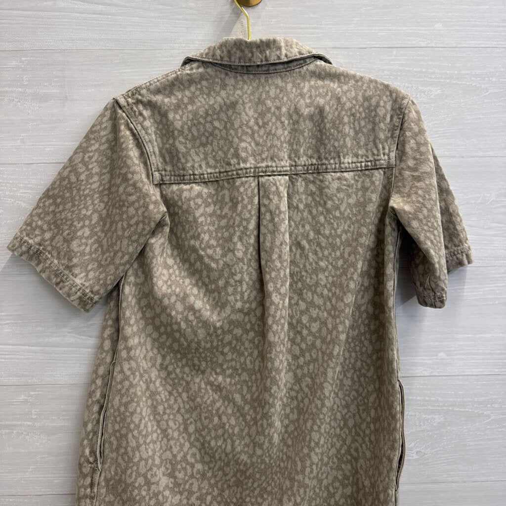 Brown Leopard Print Denim Short Sleeve Button Down Dress Extra Small