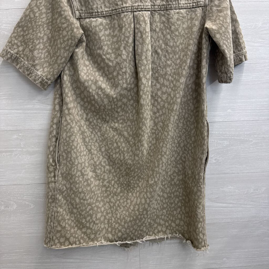 Brown Leopard Print Denim Short Sleeve Button Down Dress Extra Small