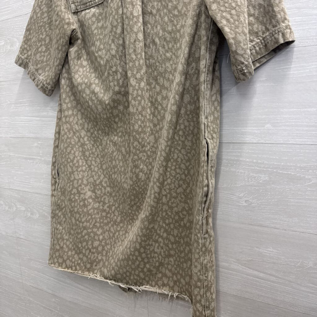 Brown Leopard Print Denim Short Sleeve Button Down Dress Extra Small