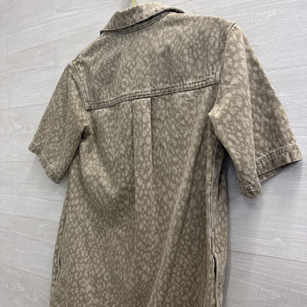 Brown Leopard Print Denim Short Sleeve Button Down Dress Extra Small