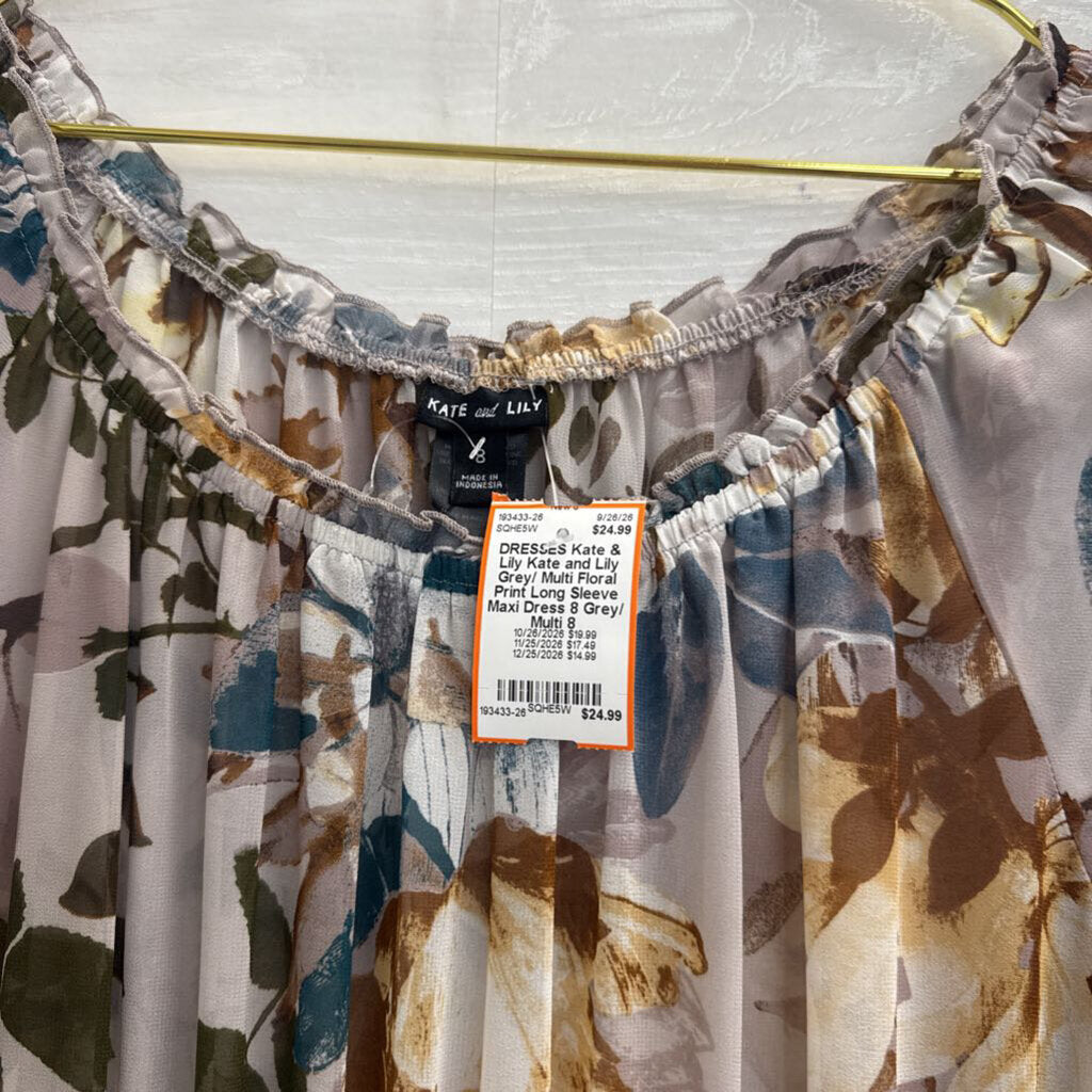 Kate and Lily Grey/ Multi Floral Print Long Sleeve Maxi Dress 8