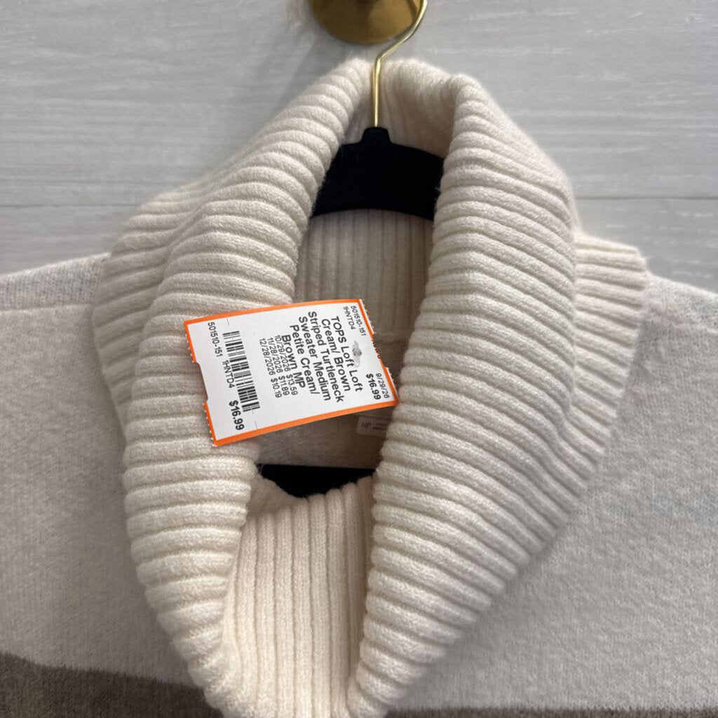 Loft Cream/ Brown Striped Turtleneck Sweater Medium Petite