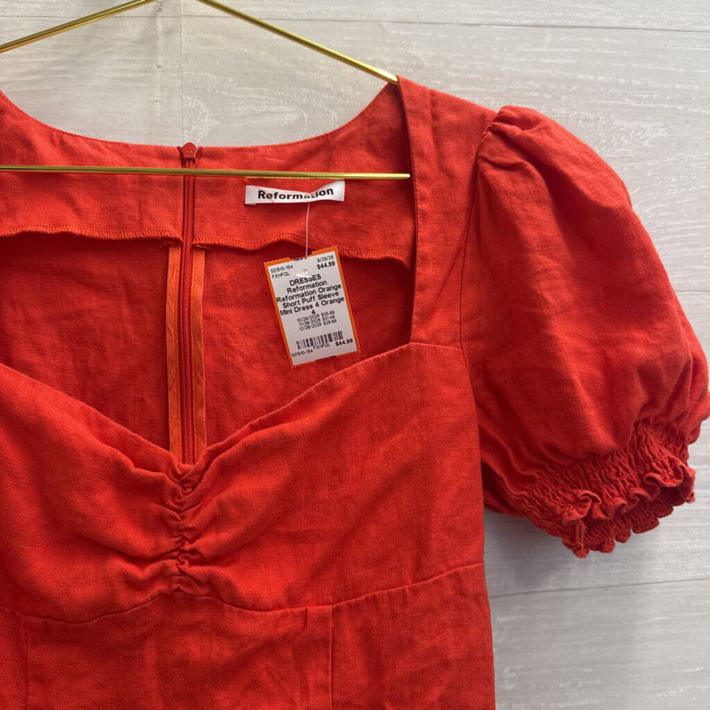 Reformation Orange Short Puff Sleeve Mini Dress 4