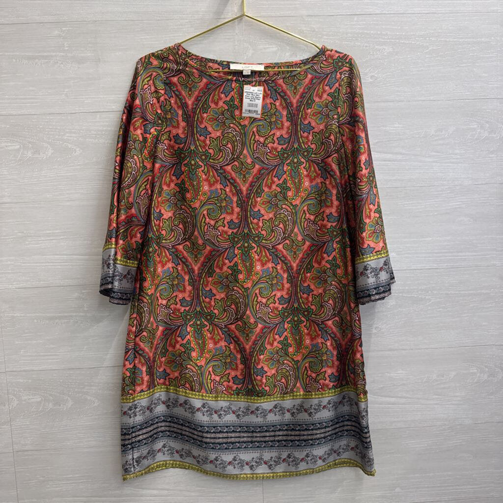 Loft Pink/ Blue Silky Print Long Sleeve Dress Small