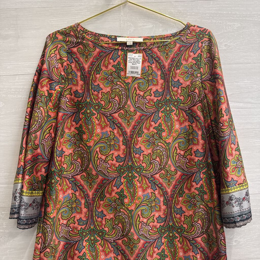 Loft Pink/ Blue Silky Print Long Sleeve Dress Small