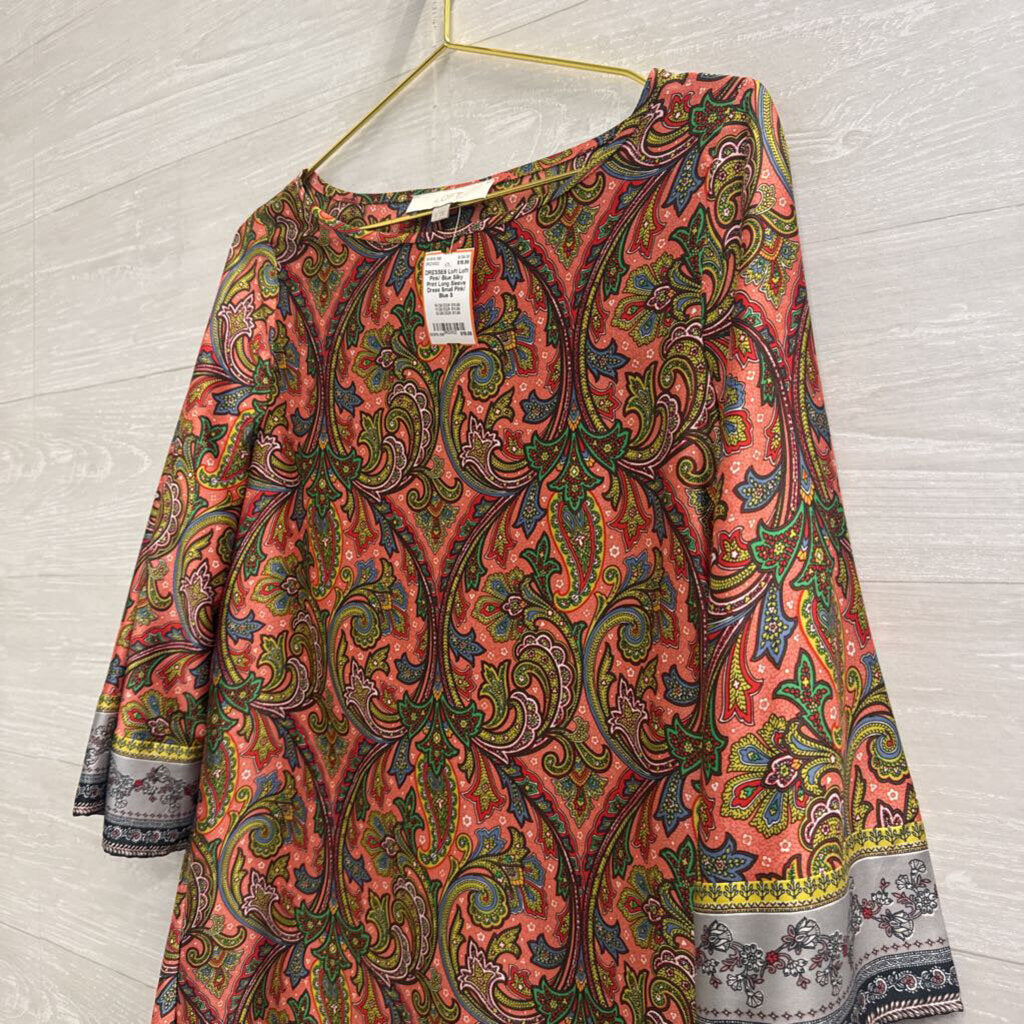 Loft Pink/ Blue Silky Print Long Sleeve Dress Small