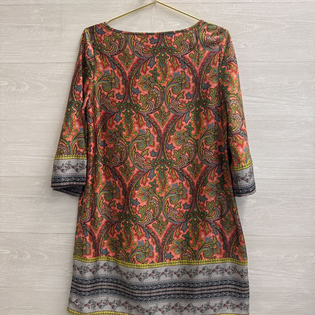 Loft Pink/ Blue Silky Print Long Sleeve Dress Small