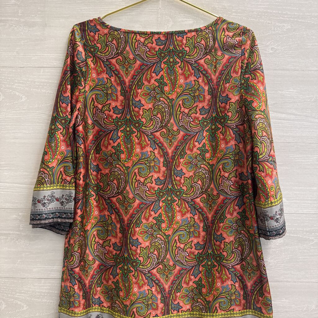 Loft Pink/ Blue Silky Print Long Sleeve Dress Small