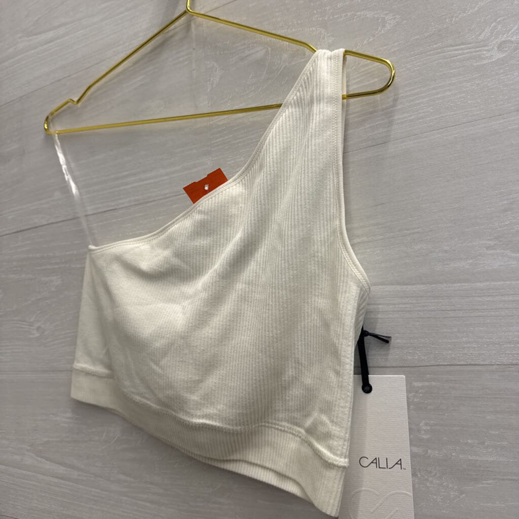 Calia White Ribbed One Shoulder Sports Bra Medium