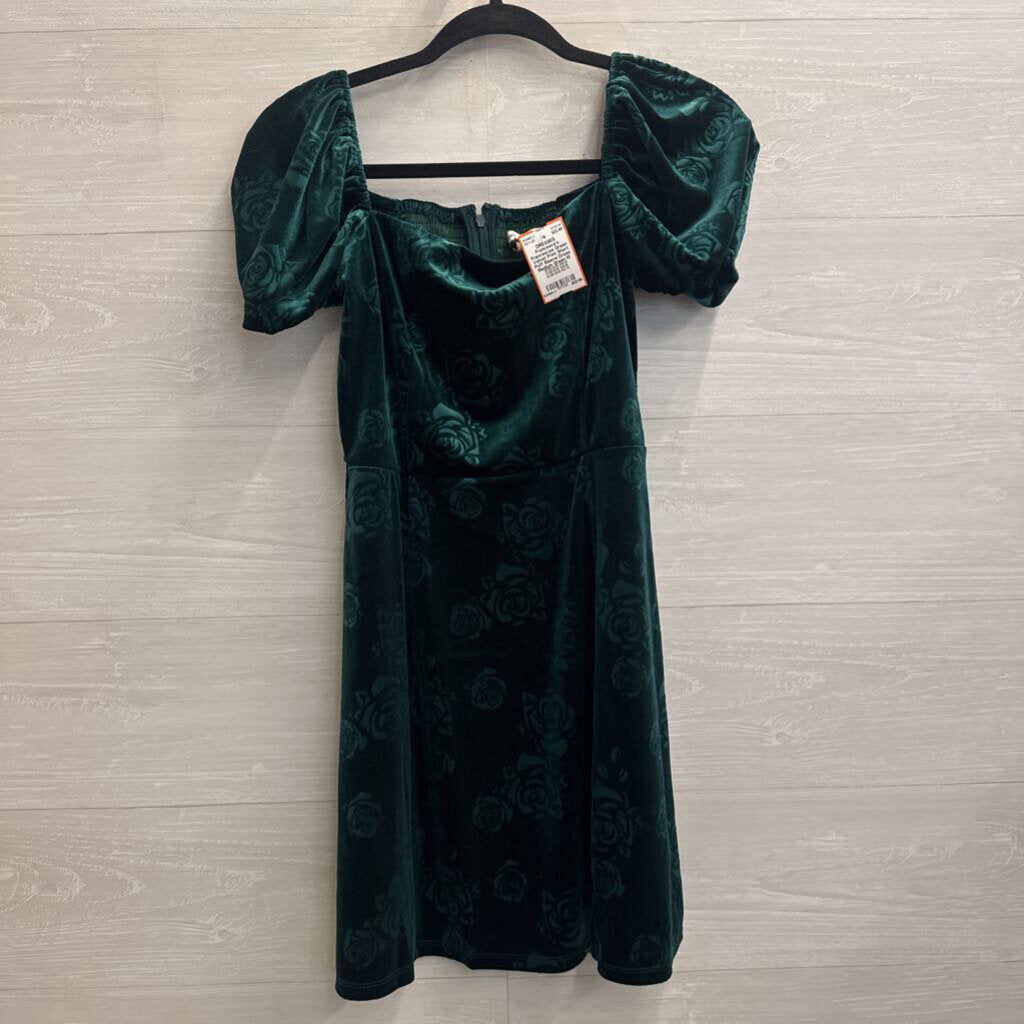 Francescas Green Velvet Print Short Puff Sleeve Dress Medium
