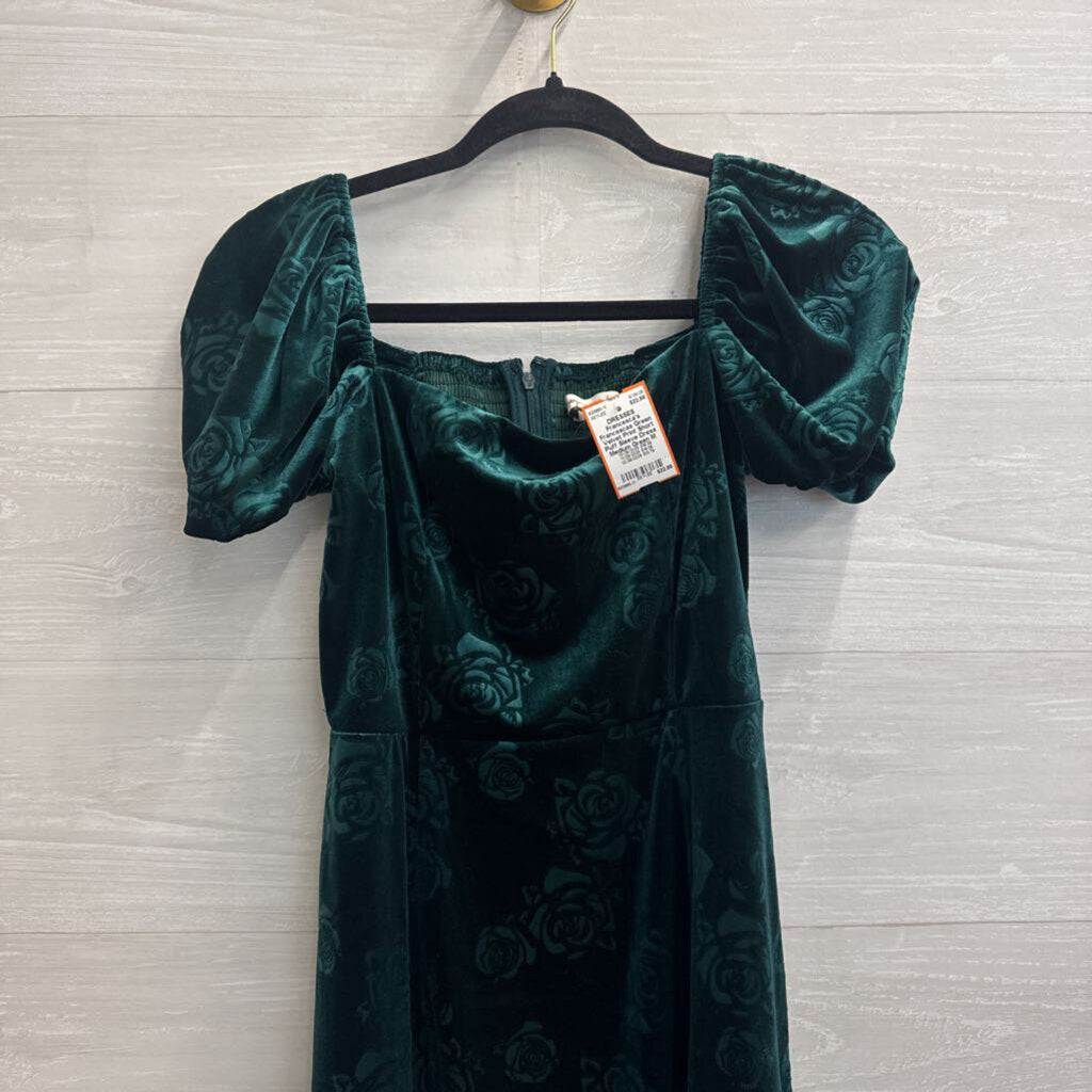 Francescas Green Velvet Print Short Puff Sleeve Dress Medium
