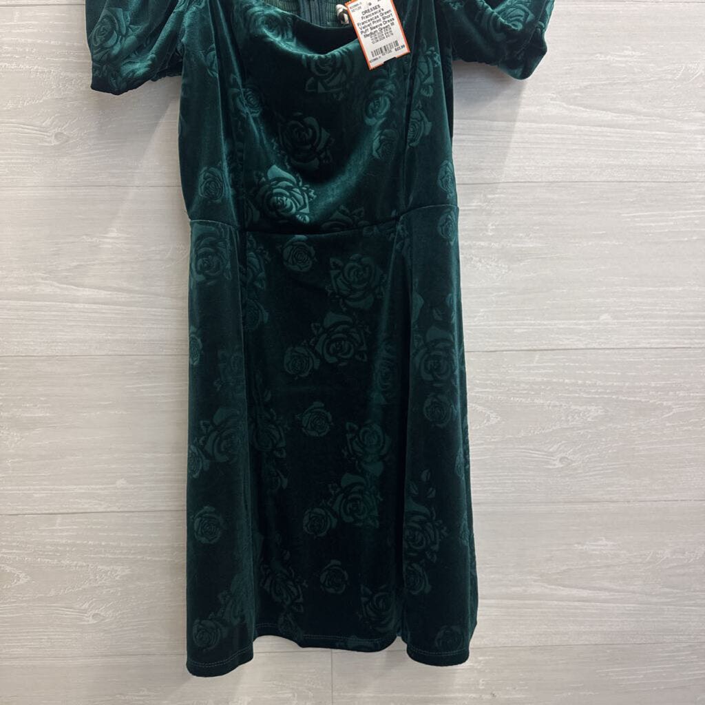 Francescas Green Velvet Print Short Puff Sleeve Dress Medium