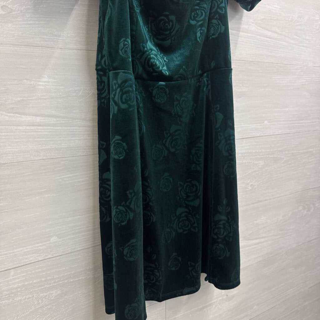 Francescas Green Velvet Print Short Puff Sleeve Dress Medium