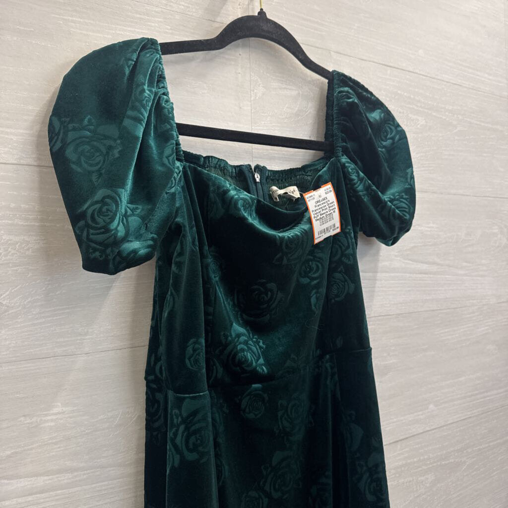 Francescas Green Velvet Print Short Puff Sleeve Dress Medium