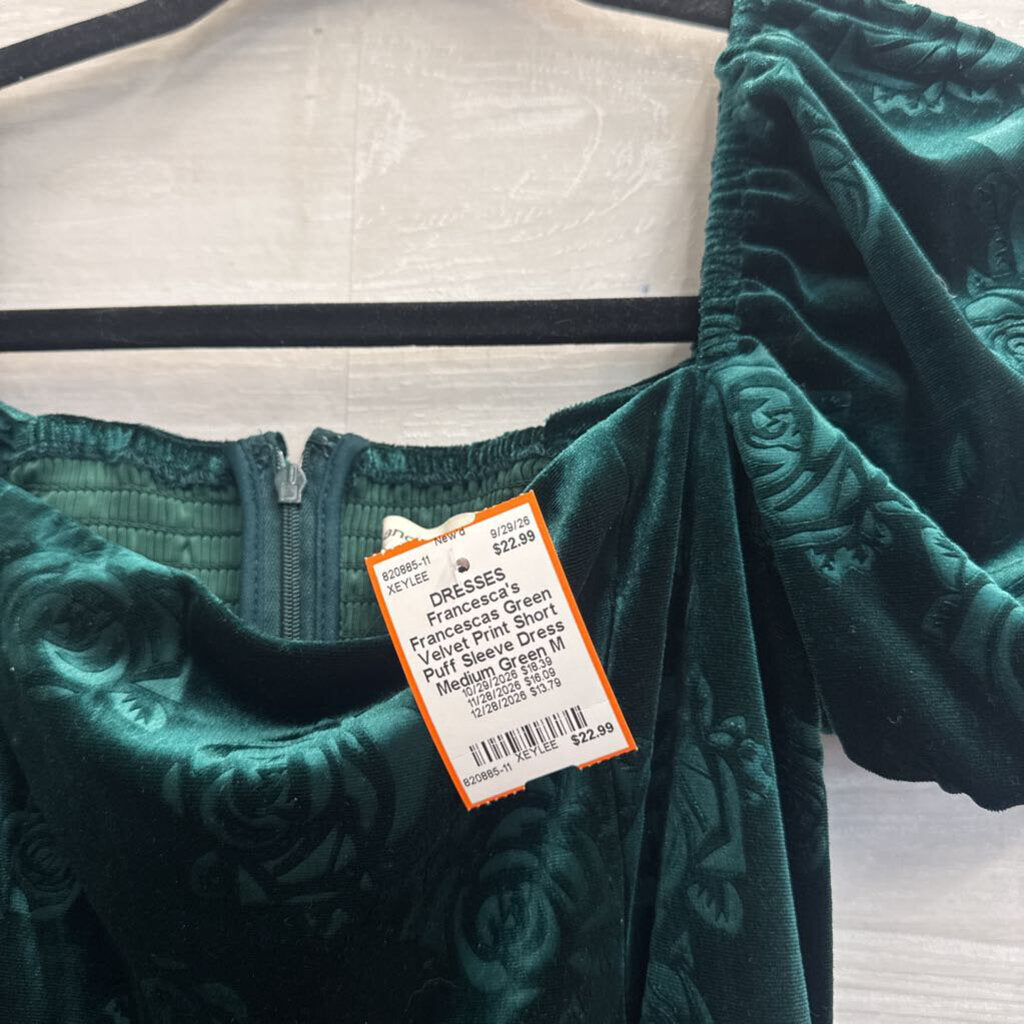 Francescas Green Velvet Print Short Puff Sleeve Dress Medium