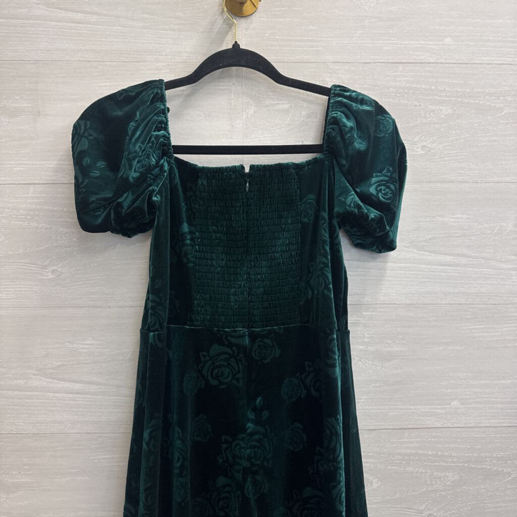 Francescas Green Velvet Print Short Puff Sleeve Dress Medium