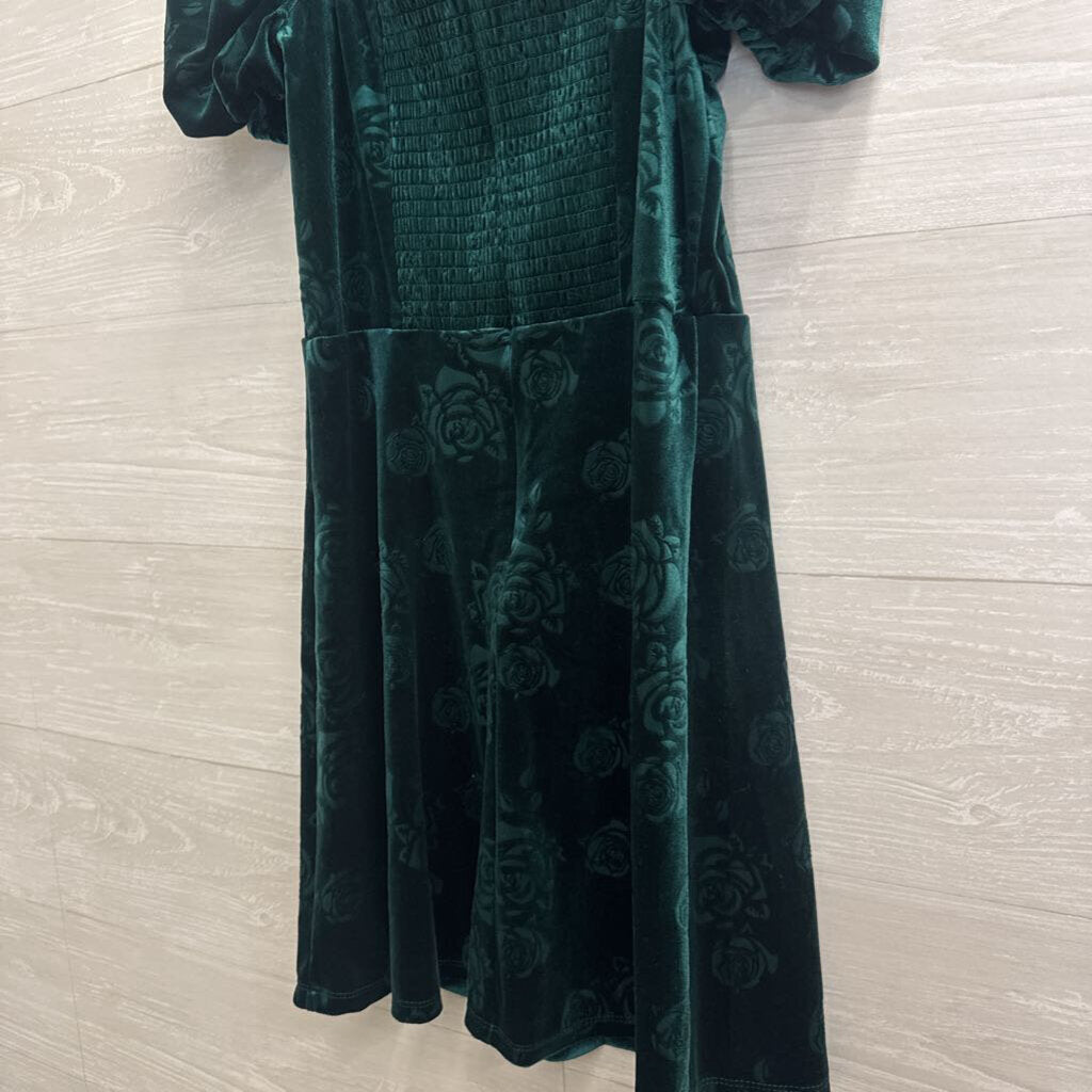 Francescas Green Velvet Print Short Puff Sleeve Dress Medium