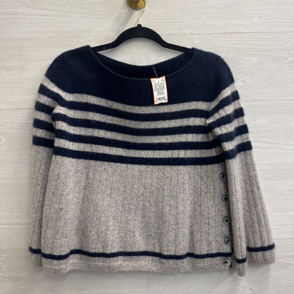 St John Grey/ Navy 100% Cashmere Cropped Sweater Extra Small