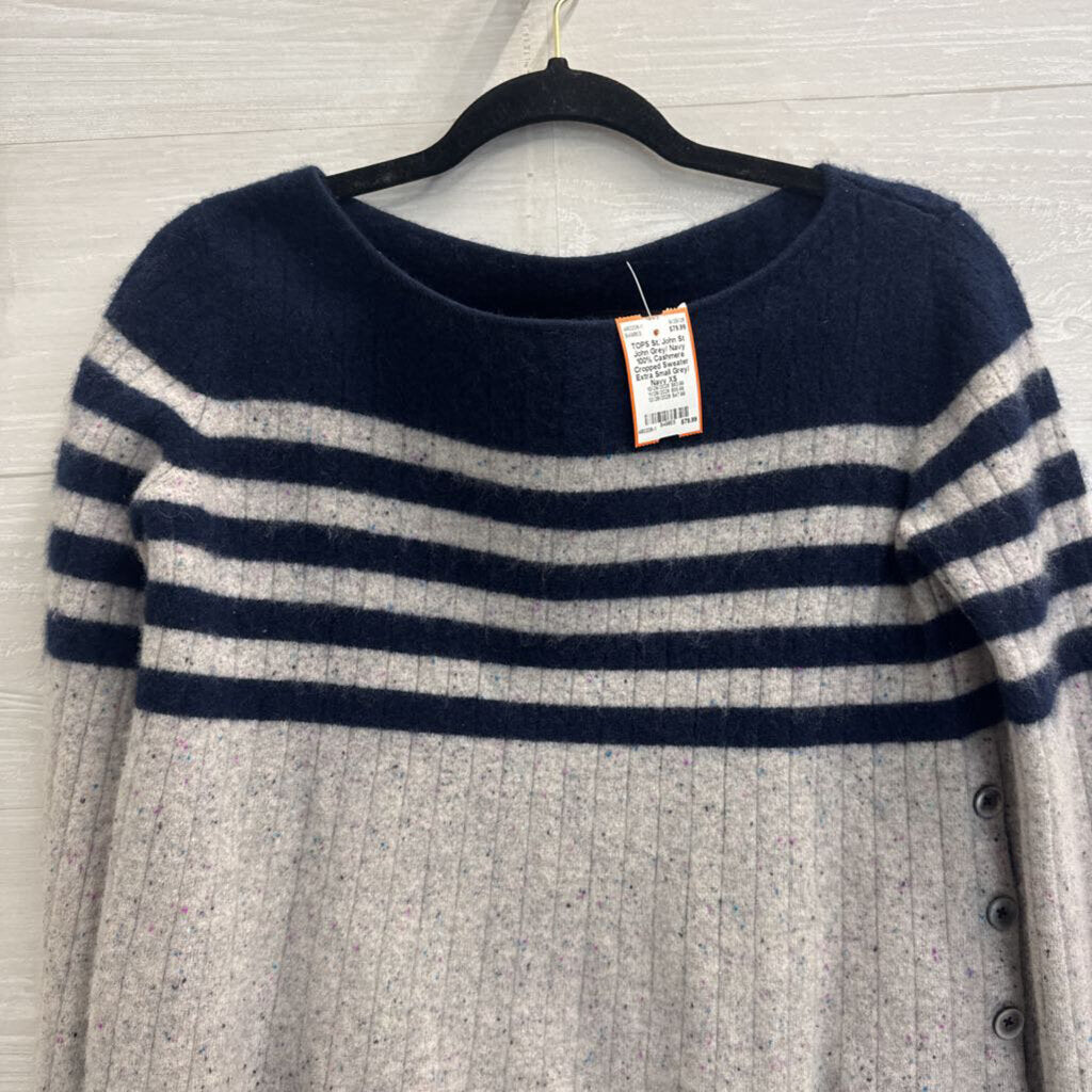 St John Grey/ Navy 100% Cashmere Cropped Sweater Extra Small
