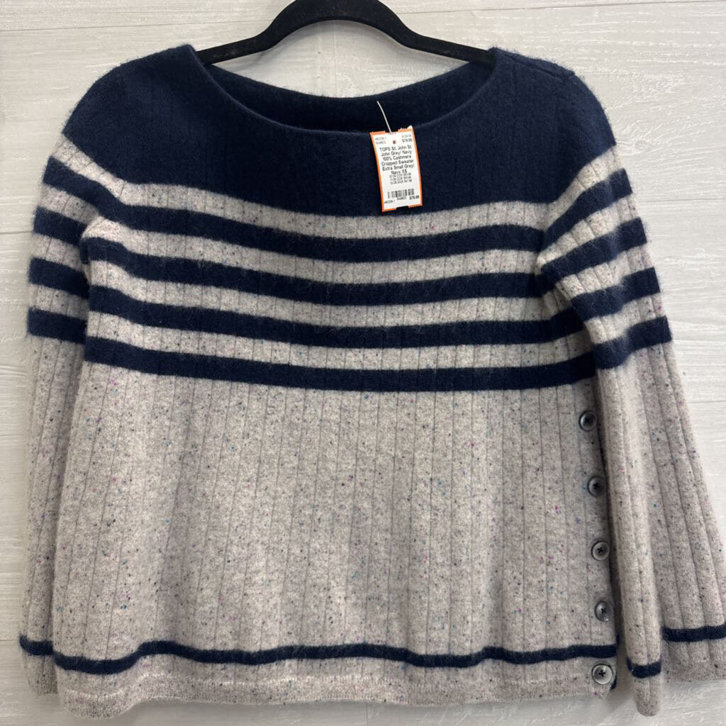 St John Grey/ Navy 100% Cashmere Cropped Sweater Extra Small