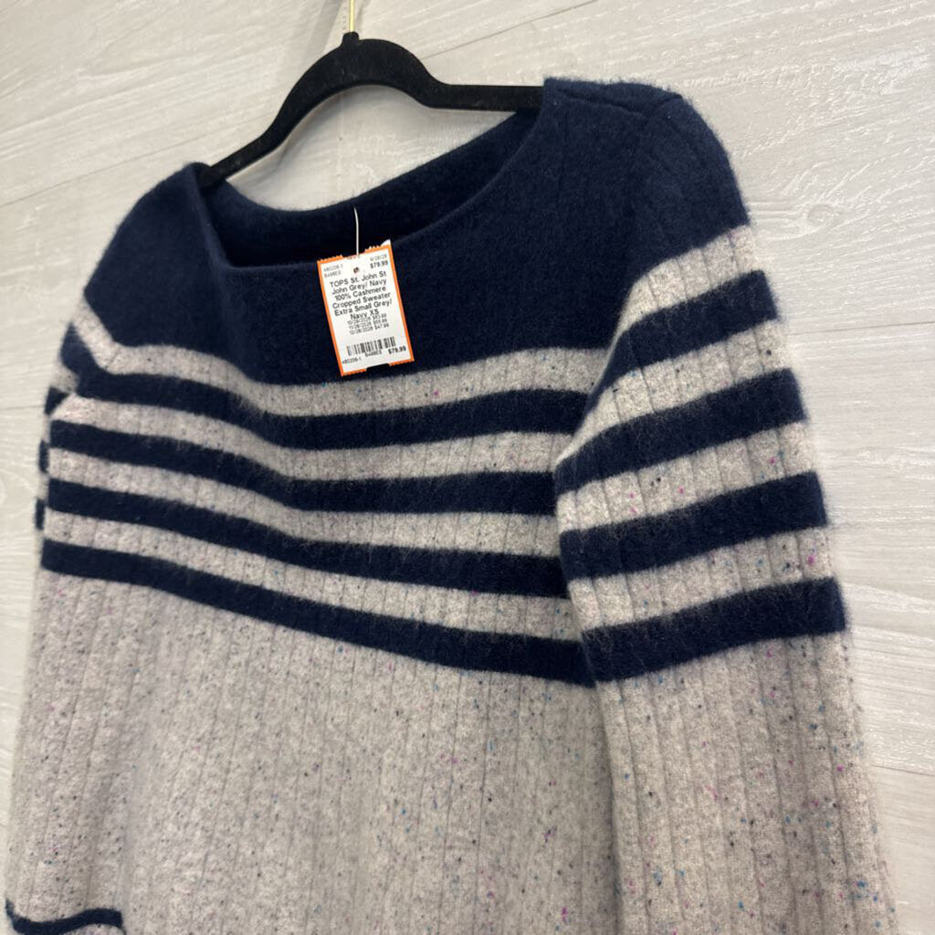 St John Grey/ Navy 100% Cashmere Cropped Sweater Extra Small