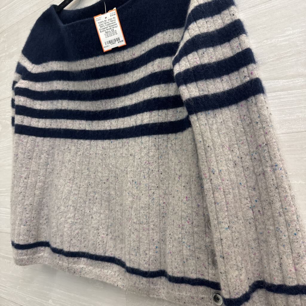 St John Grey/ Navy 100% Cashmere Cropped Sweater Extra Small