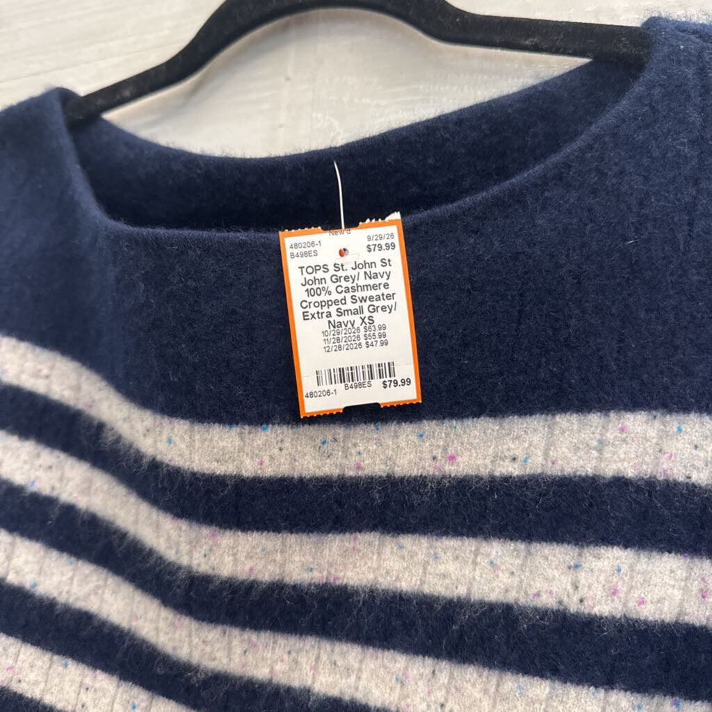 St John Grey/ Navy 100% Cashmere Cropped Sweater Extra Small