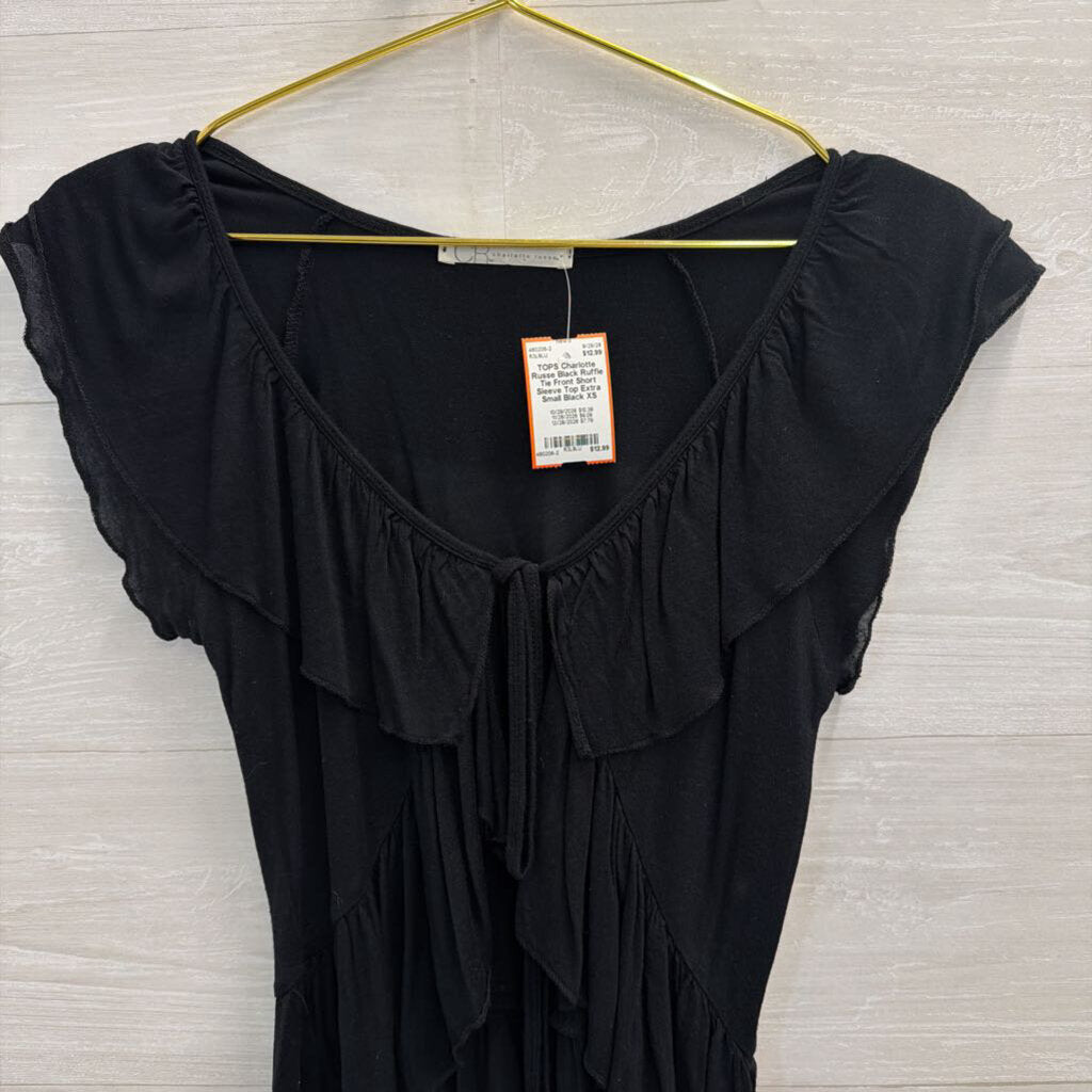 Black Ruffle Tie Front Short Sleeve Top Extra Small
