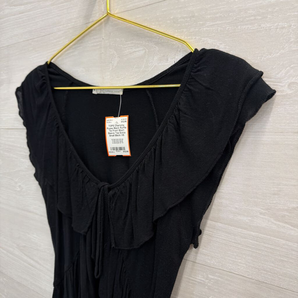 Black Ruffle Tie Front Short Sleeve Top Extra Small