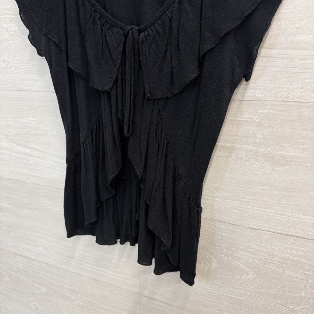 Black Ruffle Tie Front Short Sleeve Top Extra Small