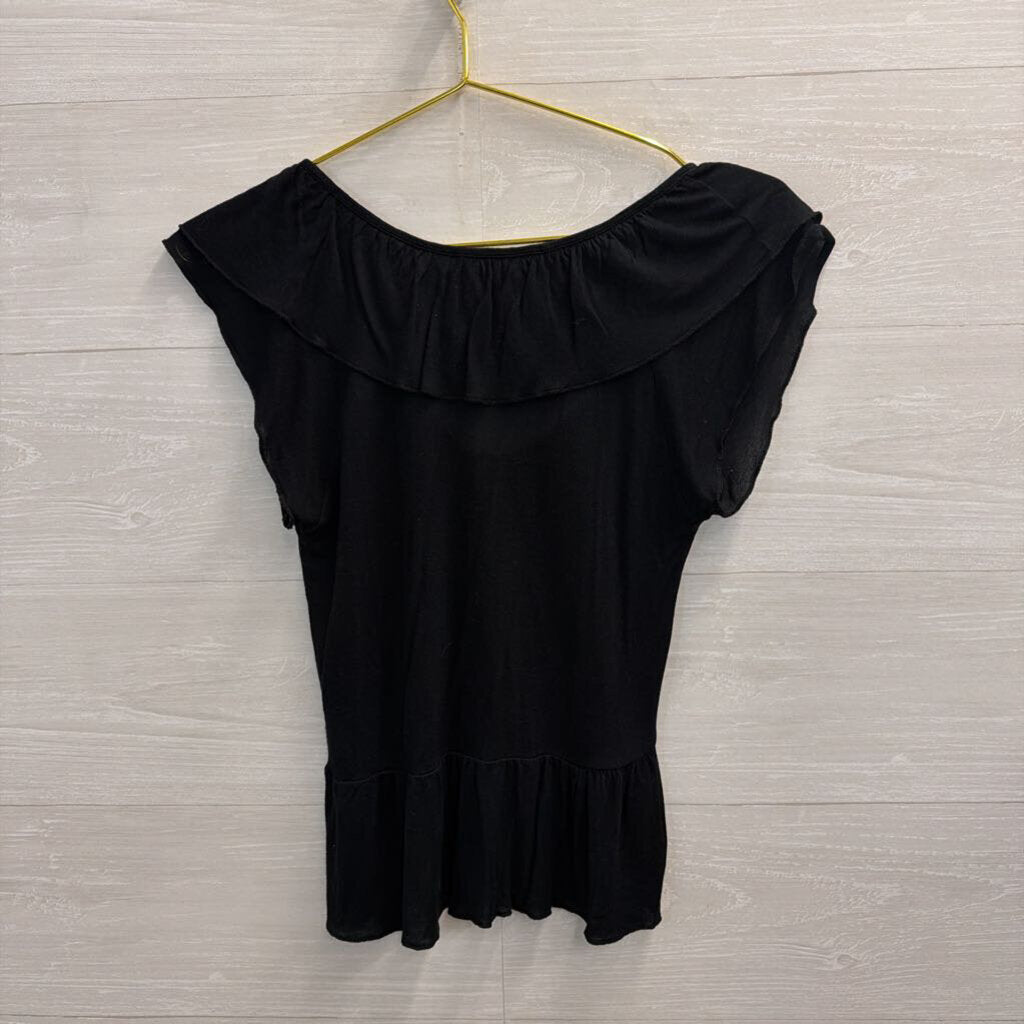 Black Ruffle Tie Front Short Sleeve Top Extra Small