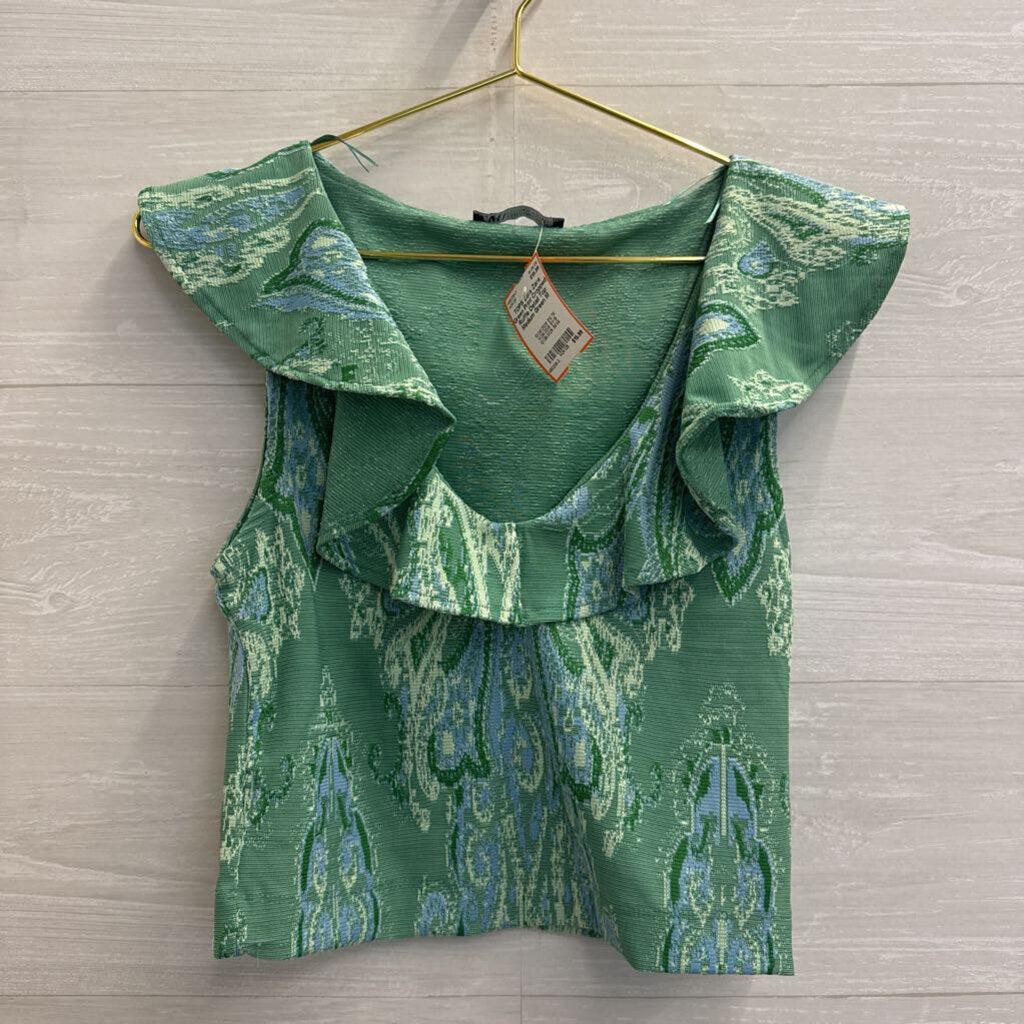 Zara Green Print Cropped Ruffle Detail Top Medium