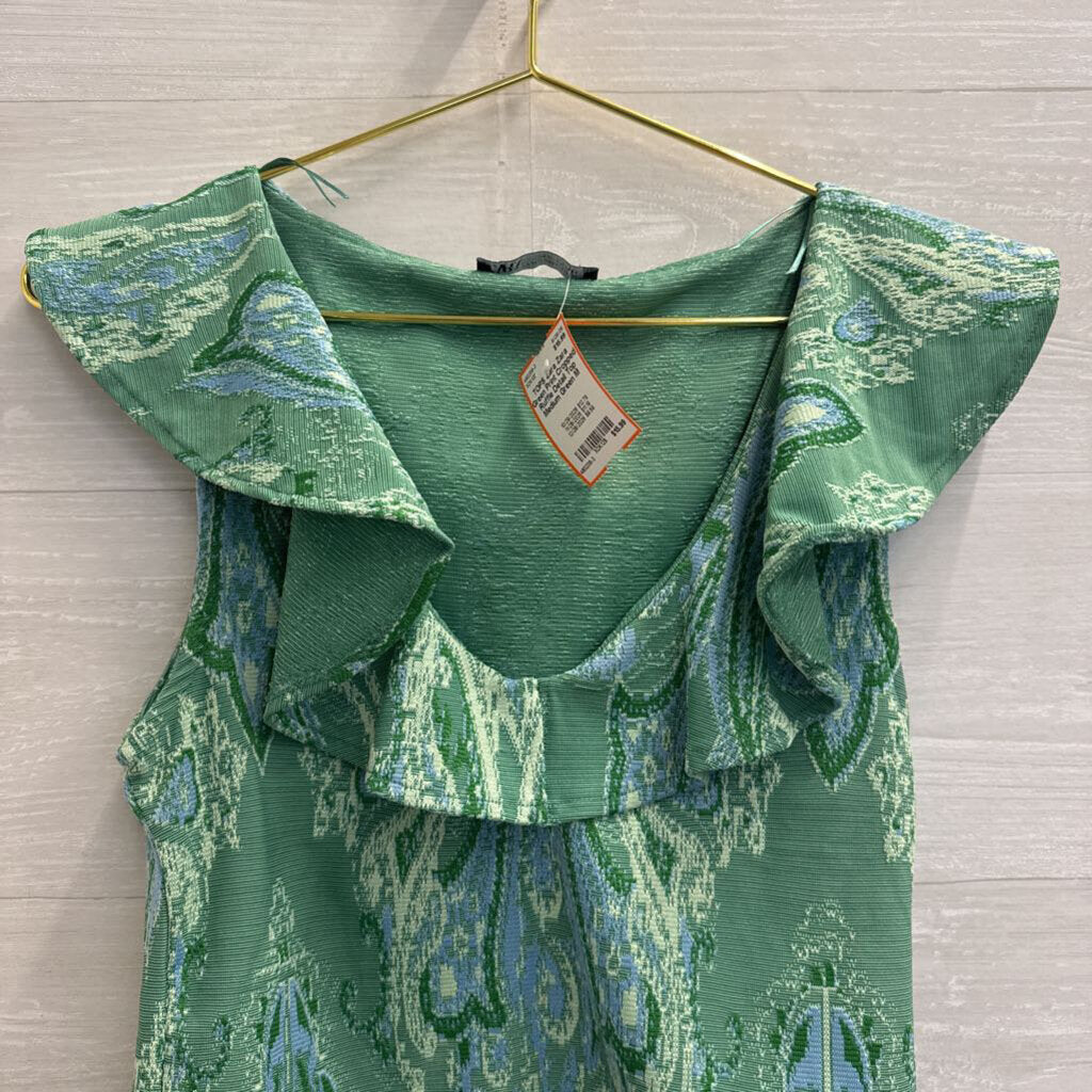 Zara Green Print Cropped Ruffle Detail Top Medium