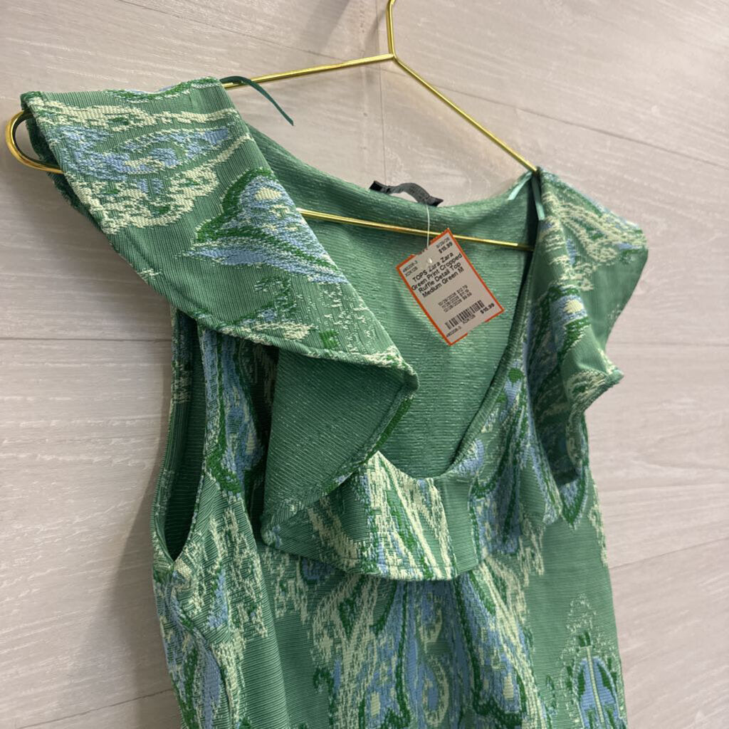 Zara Green Print Cropped Ruffle Detail Top Medium