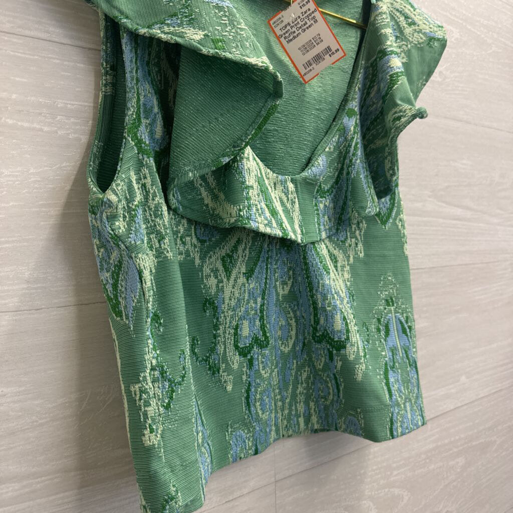Zara Green Print Cropped Ruffle Detail Top Medium
