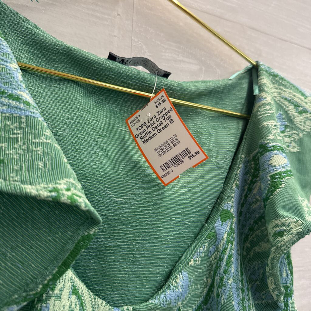 Zara Green Print Cropped Ruffle Detail Top Medium