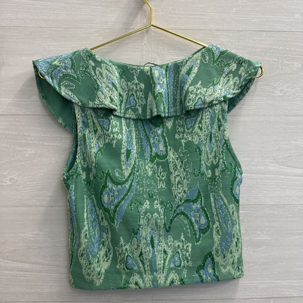 Zara Green Print Cropped Ruffle Detail Top Medium