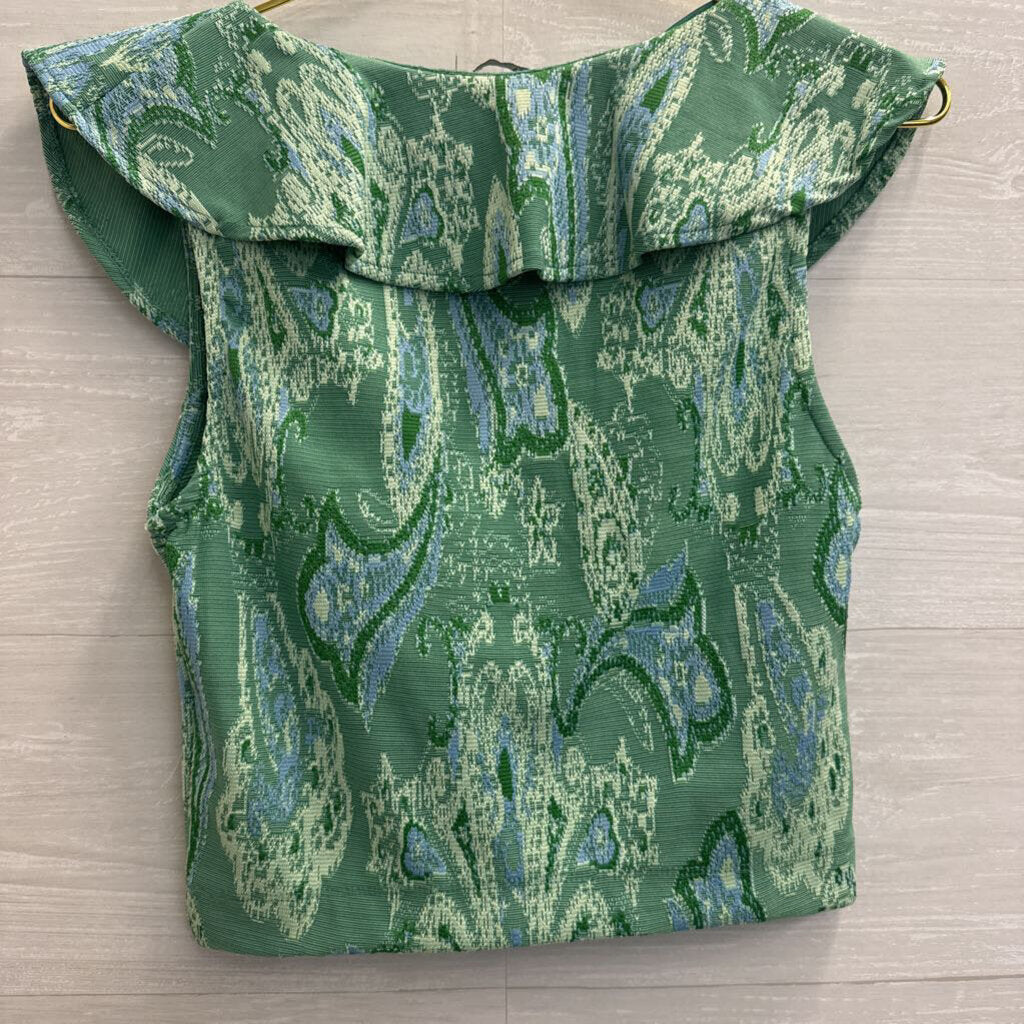 Zara Green Print Cropped Ruffle Detail Top Medium