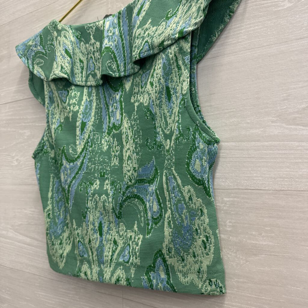 Zara Green Print Cropped Ruffle Detail Top Medium