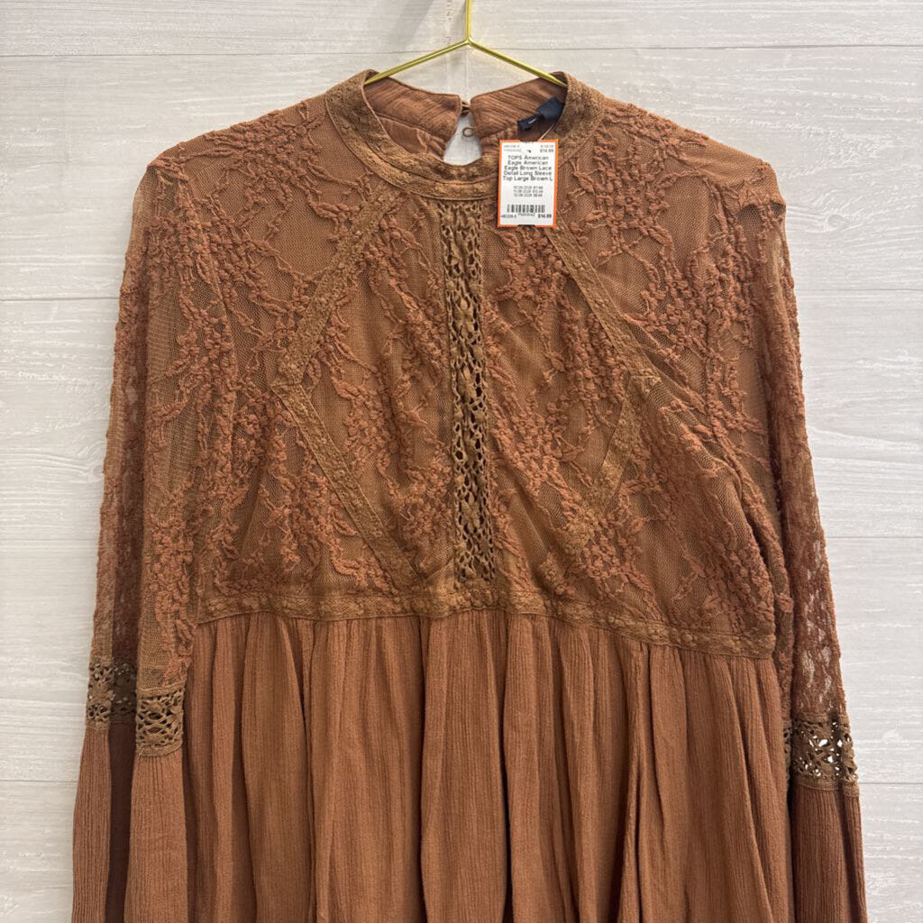 American Eagle Brown Lace Detail Long Sleeve Top Large