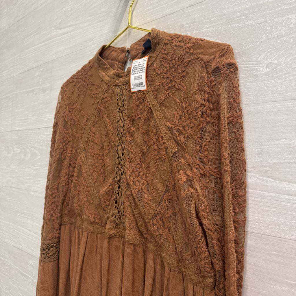 American Eagle Brown Lace Detail Long Sleeve Top Large