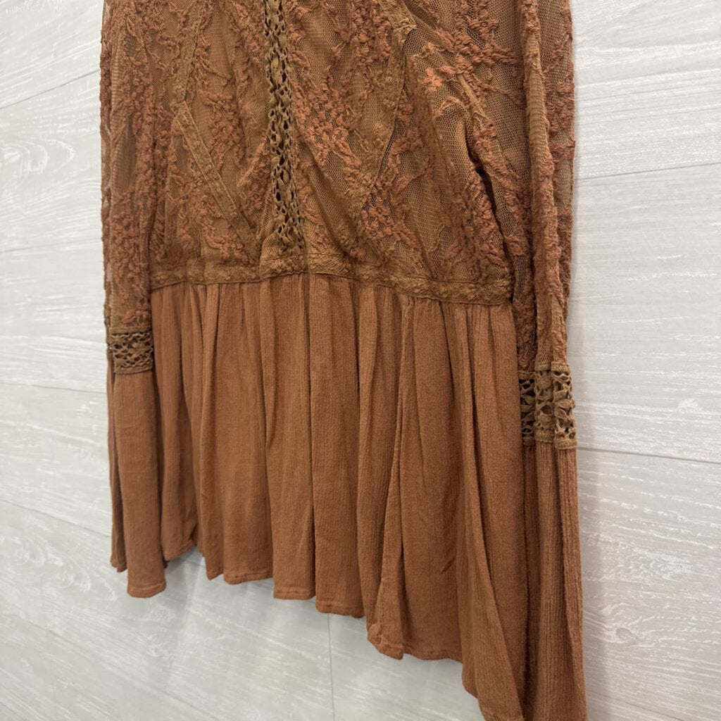 American Eagle Brown Lace Detail Long Sleeve Top Large