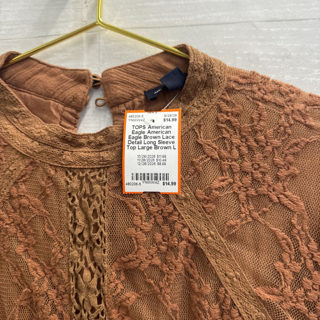 American Eagle Brown Lace Detail Long Sleeve Top Large