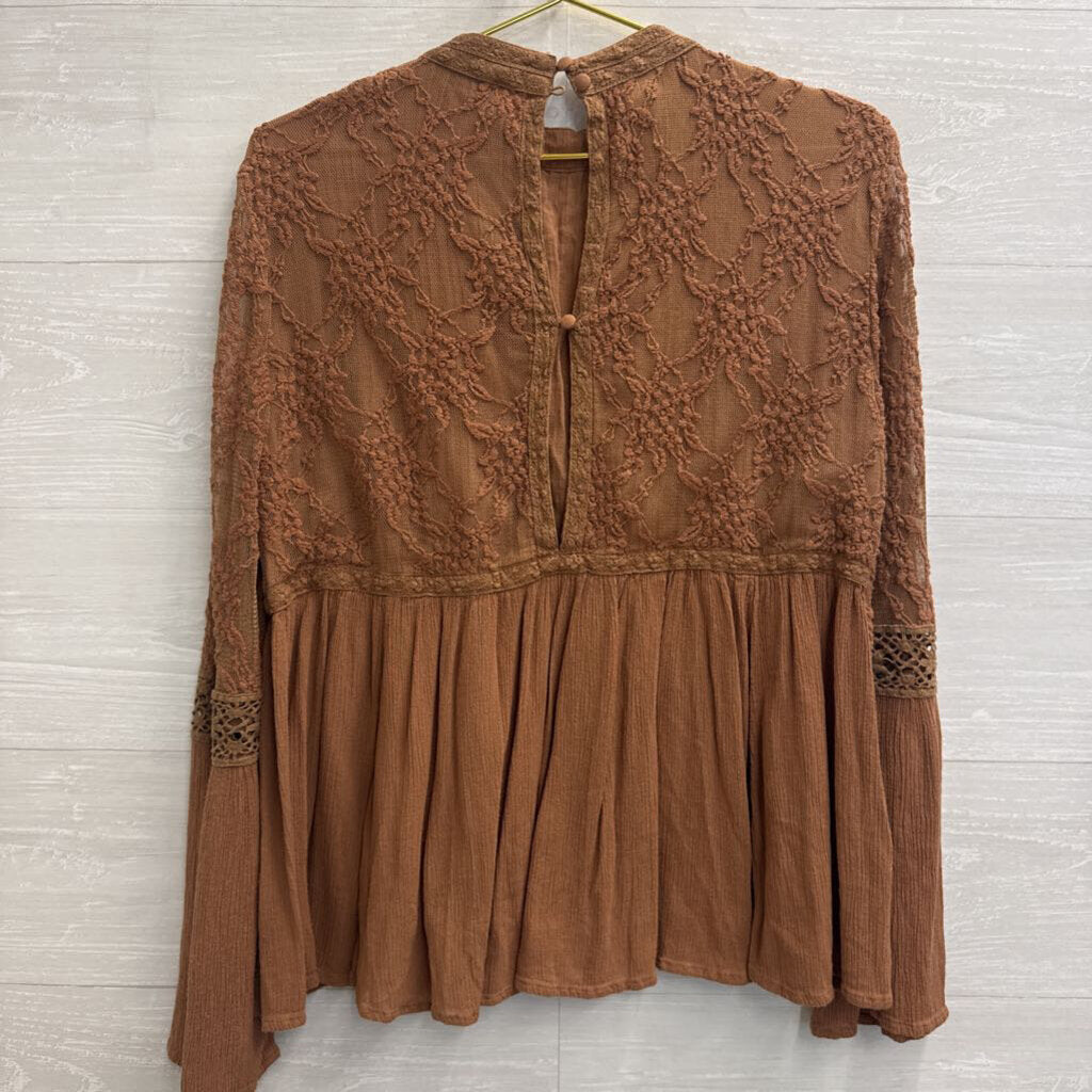 American Eagle Brown Lace Detail Long Sleeve Top Large