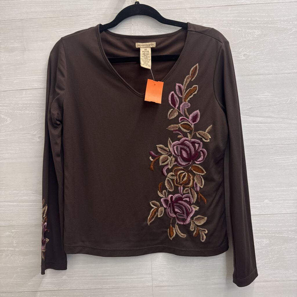 Apostrophe Brown Embroidered Floral Long Sleeve Top Medium Petite