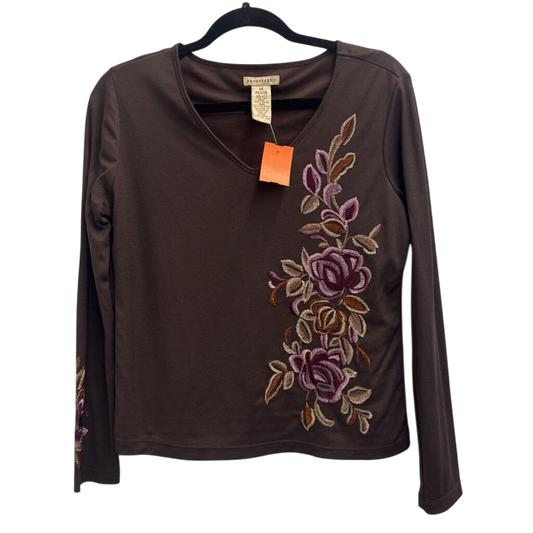 Apostrophe Brown Embroidered Floral Long Sleeve Top Medium Petite