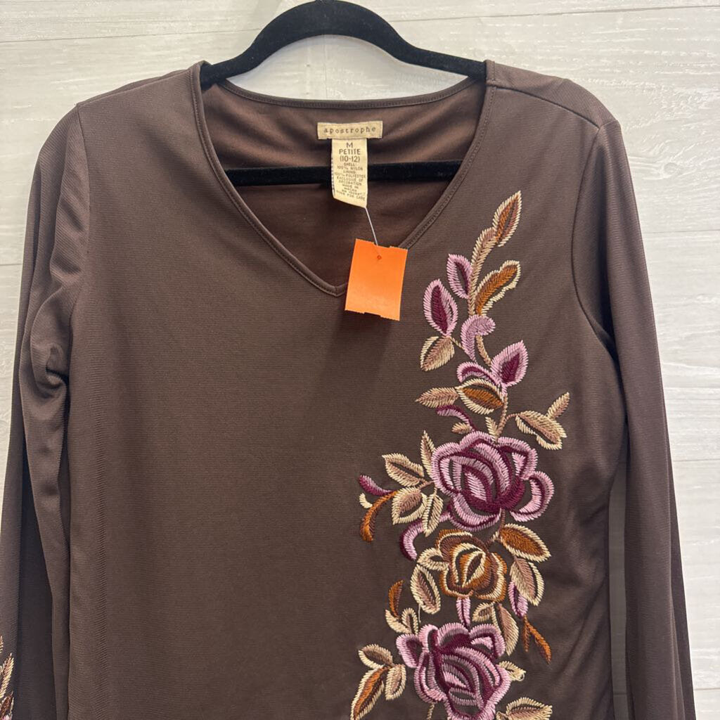 Apostrophe Brown Embroidered Floral Long Sleeve Top Medium Petite
