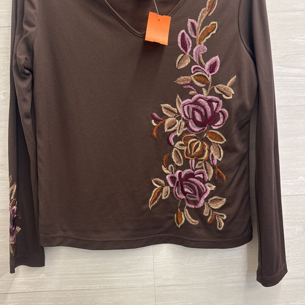 Apostrophe Brown Embroidered Floral Long Sleeve Top Medium Petite